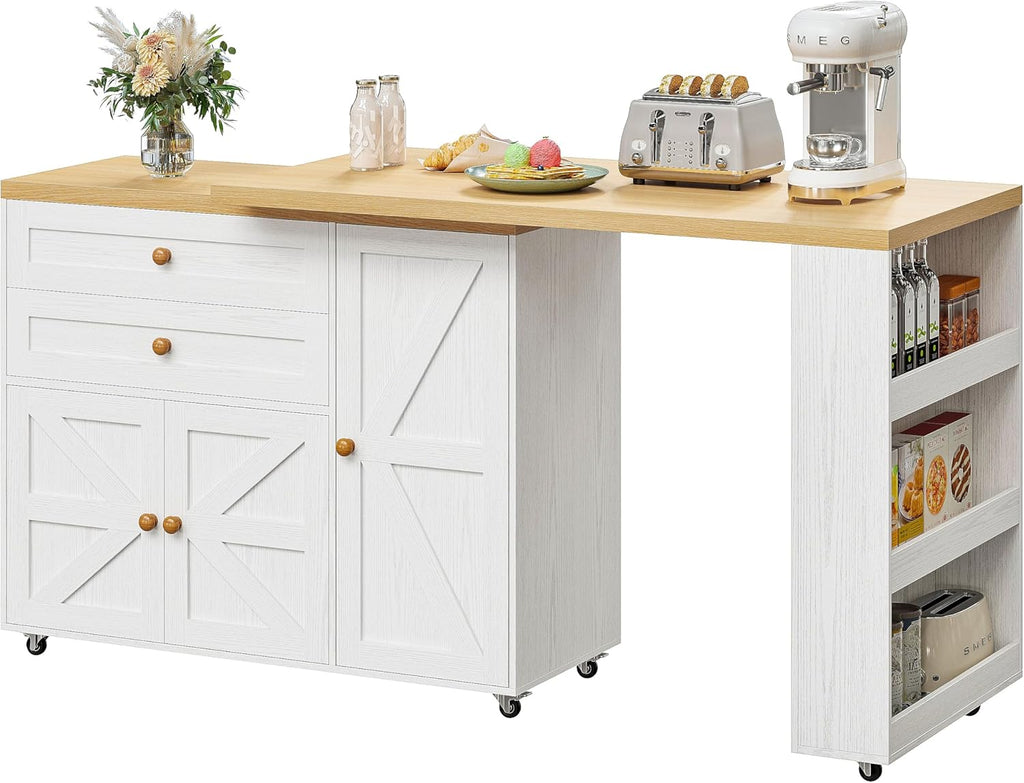Îlot de cuisine mobile IRONCK dotée de rangement, chariot de cuisine de 180 cm avec 3 étagères et tiroirs, plateau pivotant à 360° et porte-épices, blanc