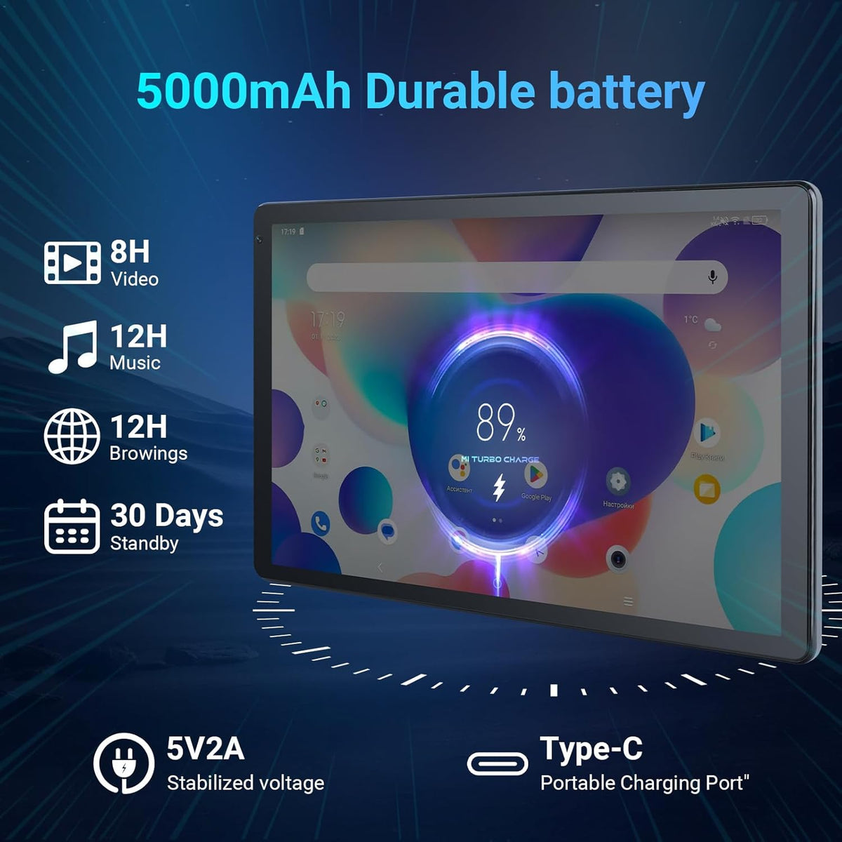 Tablette tactile Android 10,1 pouces, processeur octocœur, 10 Go de RAM + 128 Go de ROM extensible jusqu'à 1 To, écran tactile IPS HD 1280 x 800 (Widevine L1), double caméra 5 MP + 8 MP, déverrouillage facial, batterie 5000 mAh, Wi-Fi 6, Bluetooth 5.