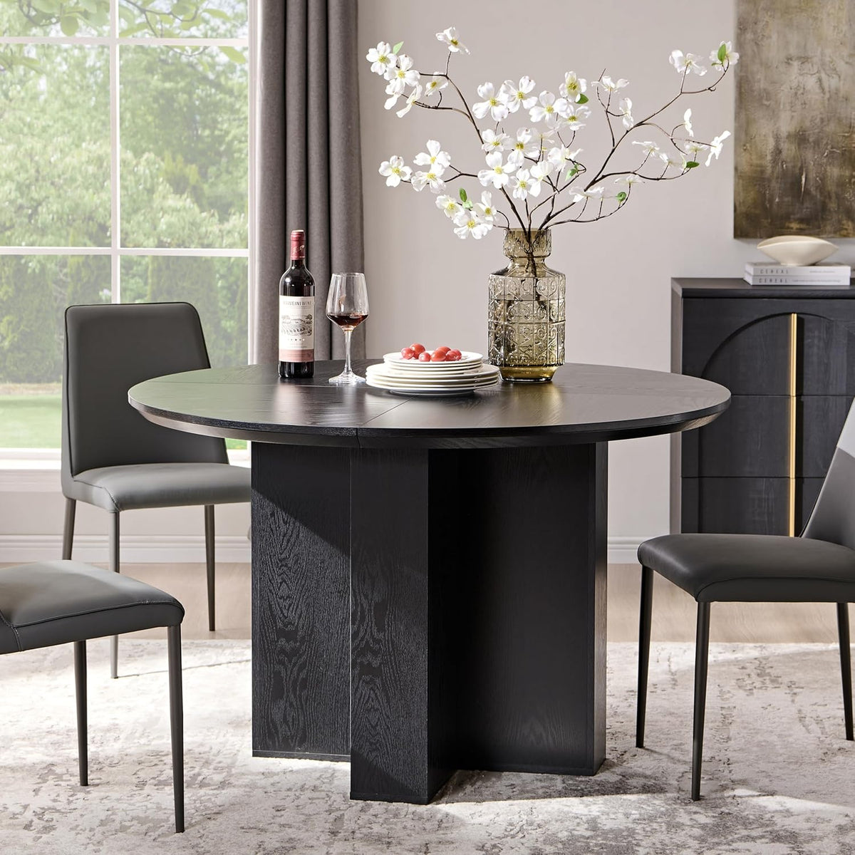 Table de salle à manger ronde moderne en bois OKD de 119 cm (47 pouces) pour 4 personnes, dotée de piètement en croix stable et plateau épais. Table ronde robuste idéale pour la salle à manger, la cuisine ou un coin repas. Finition chêne noir.