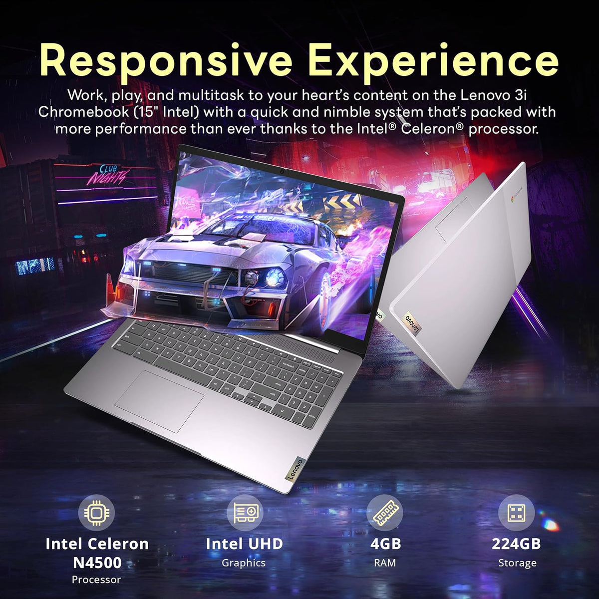 Chromebook Lenovo Ideapad 3 15,6" FHD, processeur Intel Celeron N4500, 4 Go de RAM, 224 Go de stockage (SSD 64 Go + station d'accueil 160 Go), carte graphique Intel UHD, clavier complet, Chrome OS, gris arctique
