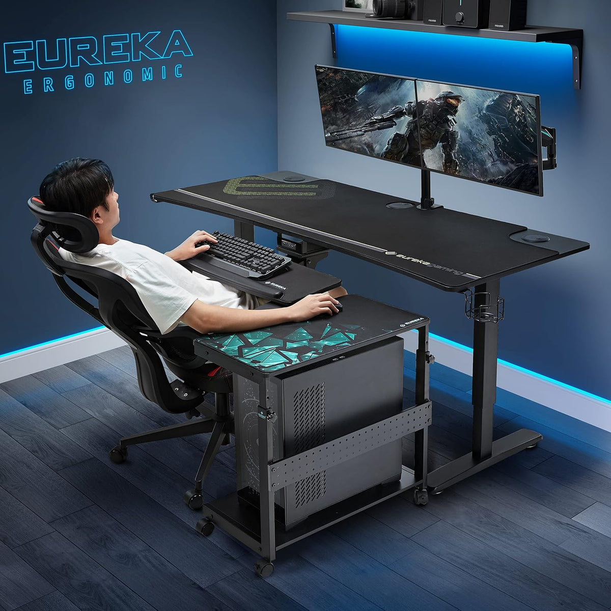 Support PC ergonomique EUREKA, chariot à roulettes en métal noir, réglable en hauteur, compatible doté de boîtiers ATX et imprimantes, adapté à le gaming, la maison et le bureau.