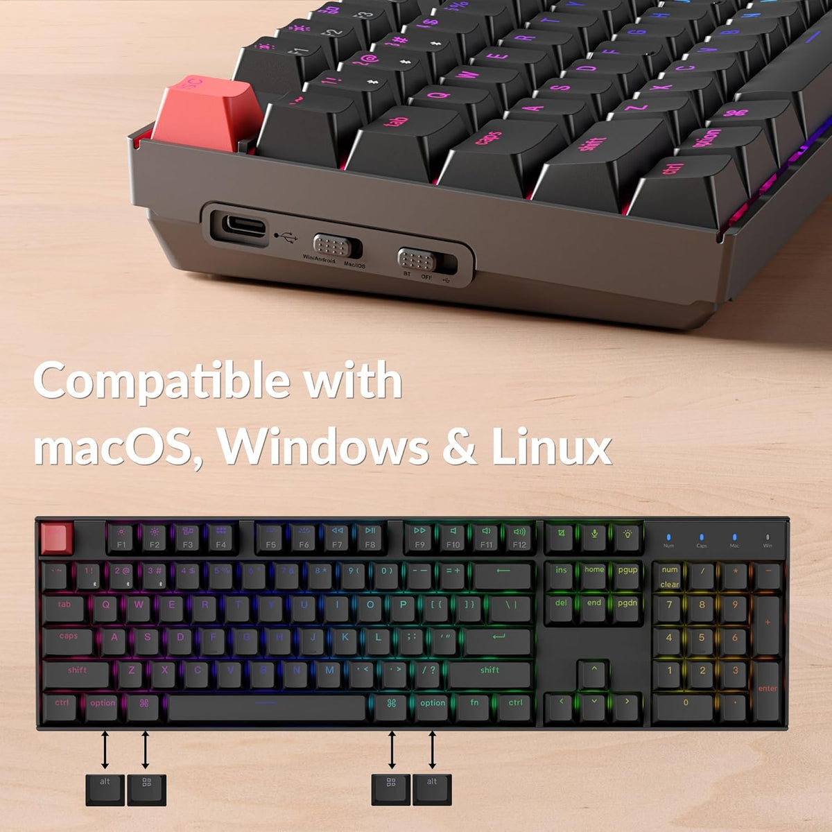 Clavier mécanique à connectivité sans fil Keychron K10 QMK, format standard, Bluetooth/doté de connectivité filaire, touches remplaçables à chaud, doté de commutateurs Keychron Super Brown, rétroéclairage RGB et touches PBT pour Mac/Windows…