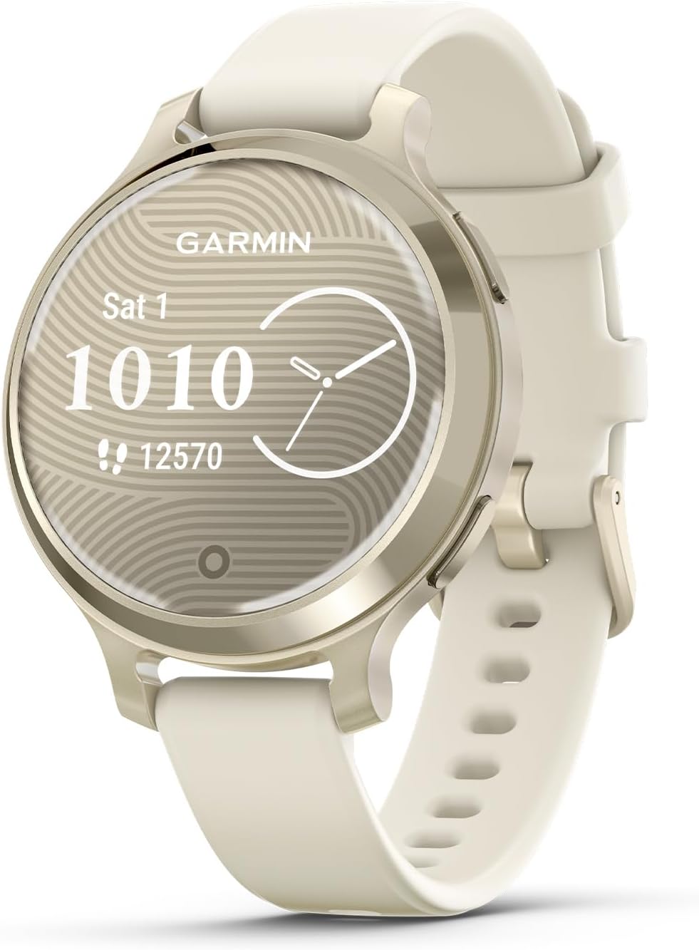 Présentation : Garmin Lily® 2 Active Montre connectée compacte et élégante GPS intégré Écran dissimulé Verre à motifs Jusqu'à 9 jours d'autonomie Couleur or lunaire Bracelet en silicone couleur os