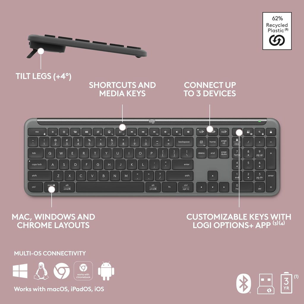 Ensemble clavier et souris à connectivité sans fil Logitech MK955 Signature Slim, conçu pour les grandes mains, proposant une frappe et des clics silencieux, compatible doté de trois appareils, Bluetooth et multi-OS (Windows et Mac).
