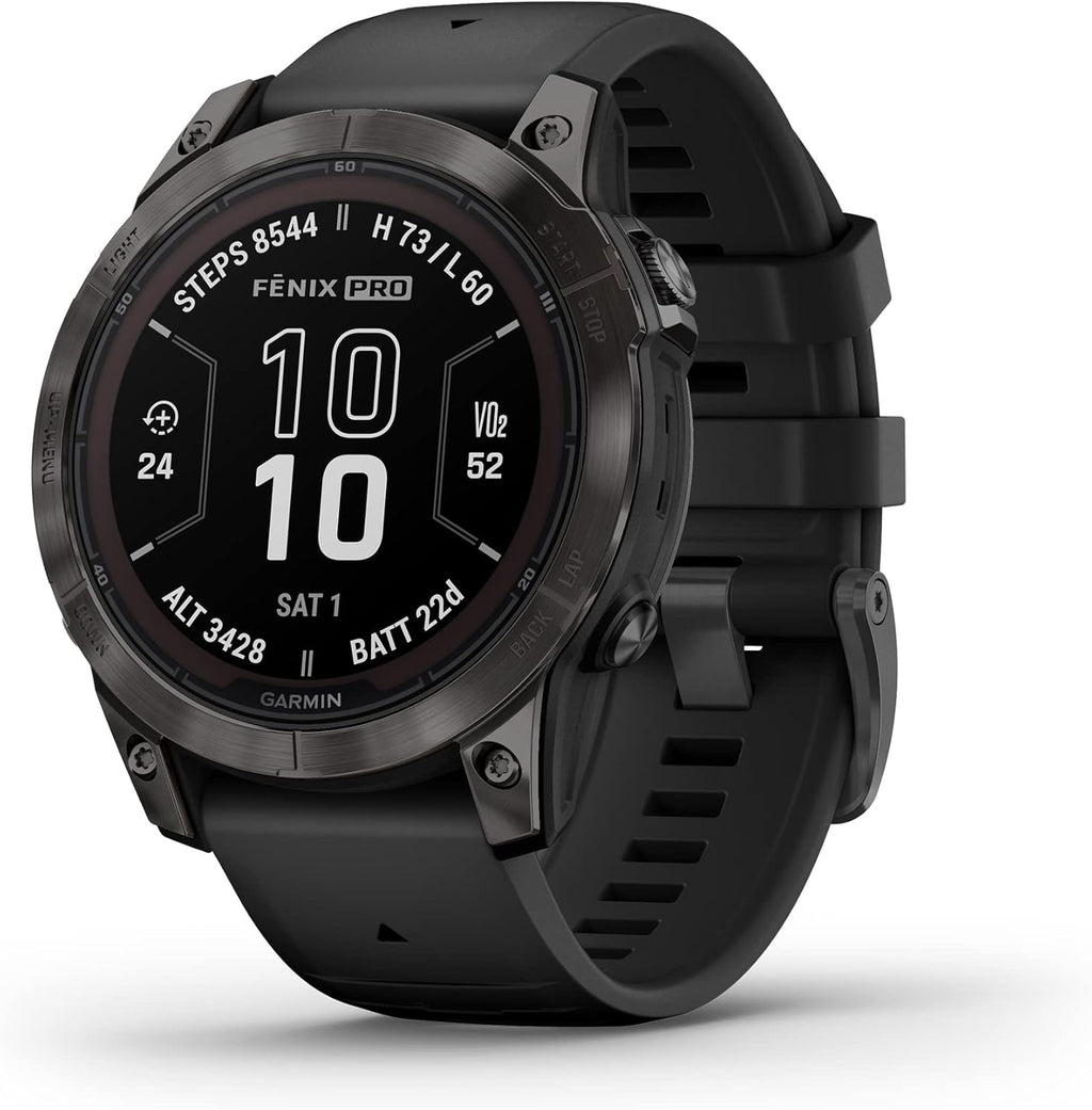 Présentation : Montre connectée GPS multisport Garmin fēnix 7 Pro Sapphire Solar avec lampe torche intégrée et recharge solaire, couleur noire.