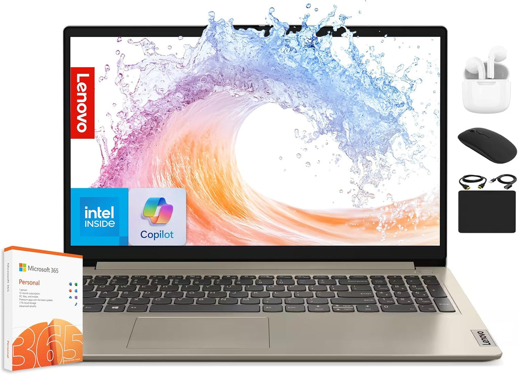 Ordinateur compact portable Lenovo IdeaPad pour étudiants et professionnels (2025), écran 15,6 pouces, 12 Go de RAM + 1,1 Go de stockage (500 Go SSD + 128 Go eMMC + 500 Go d'extension), processeur Intel Core 2 voies, Wi-Fi 6, HubxcelAccessory