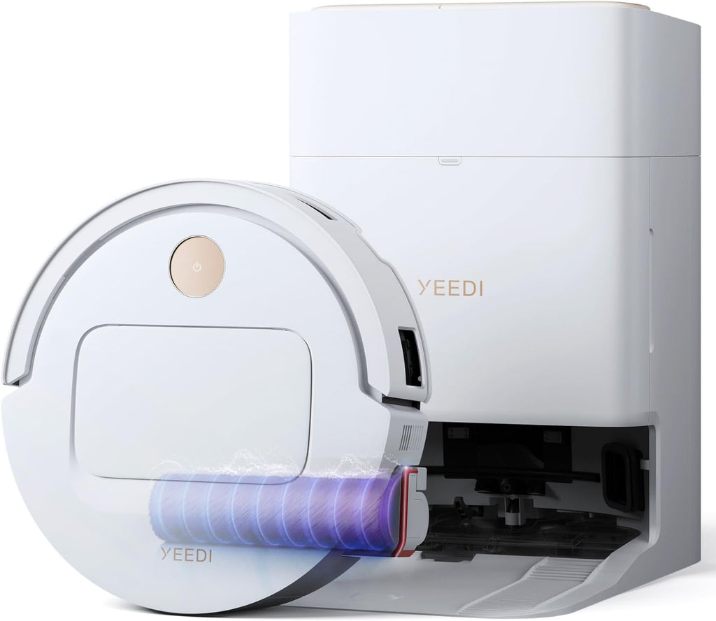 Aspirateur et laveur robot Yeedi M14 Plus doté de station tout-en-un, 18 000 Pa, rouleau OZMO pour un lavage instantané et autonettoyant, lavage à l'eau chaude à 75 °C et séchage automatique, ZeroTangle 3.0, vidage automatique, blanc