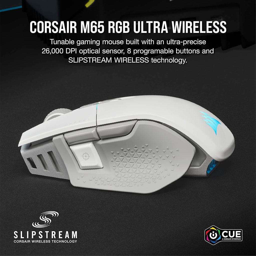 Souris gaming à connectivité sans fil Corsair M65 RGB Ultra Wireless : FPS réglable, technologie à connectivité sans fil Slipstream (moins d'1 ms), capteur optique 26 000 DPI, allant jusqu'à 120 heures d'autonomie, 8 boutons programmables – Blanche