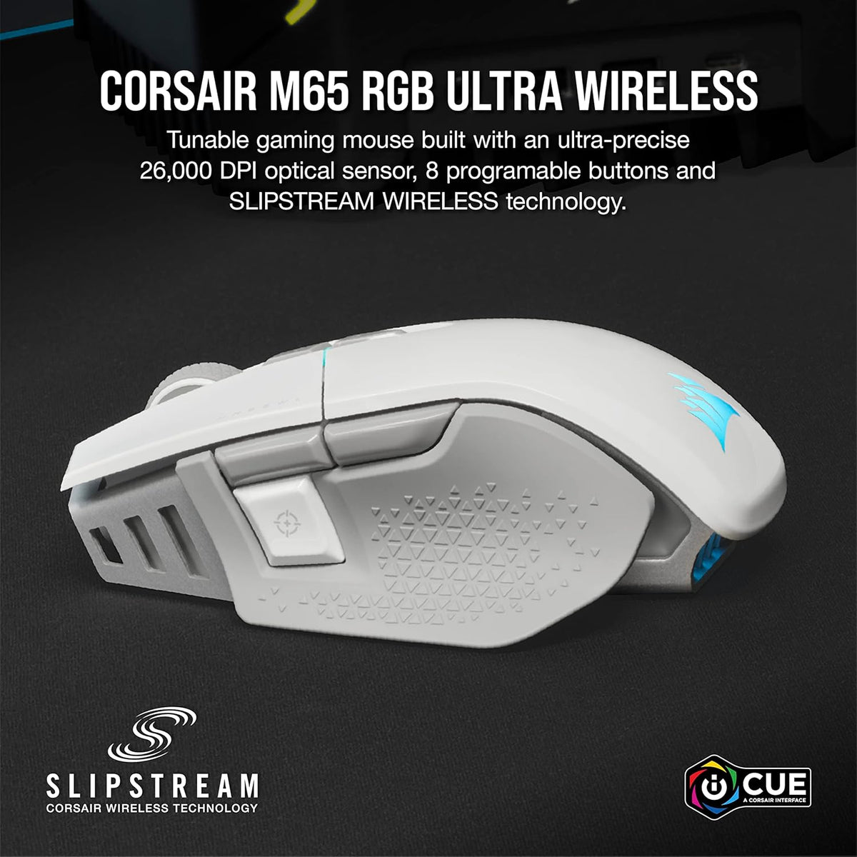 Souris gaming à connectivité sans fil Corsair M65 RGB Ultra Wireless : FPS réglable, technologie à connectivité sans fil Slipstream (moins d'1 ms), capteur optique 26 000 DPI, allant jusqu'à 120 heures d'autonomie, 8 boutons programmables – Blanche