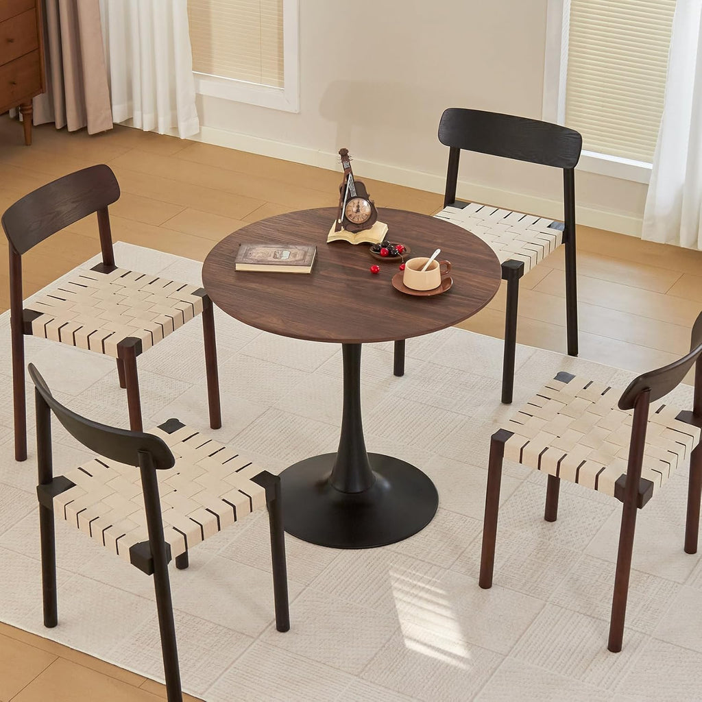 Table de salle à manger ronde, table tulipe circulaire de 80 cm dotée de plateau épais et pied en métal, table bistro moderne du milieu du siècle pour cuisine, petits espaces, salon, café (imitation noyer)
