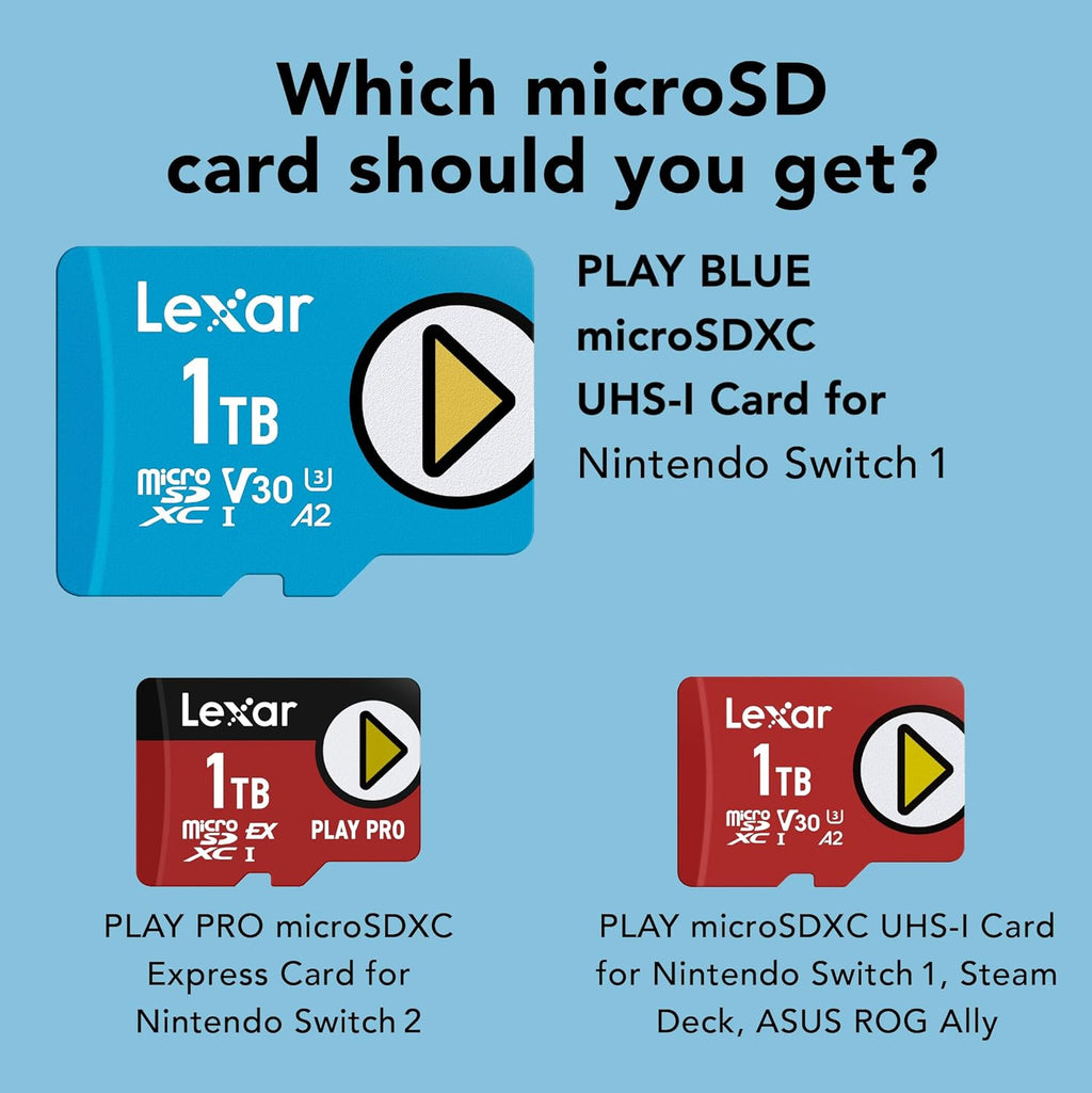 Carte microSD Lexar Play bleue 2 To, UHS-I, C10, U3, V30, A2, 4K, jusqu'à 160 Mo/s, carte mémoire microSDXC, extension de stockage pour Nintendo Switch 1, consoles de jeux, smartphones et tablettes (LMSPLBL002T-BNNNU) pratique