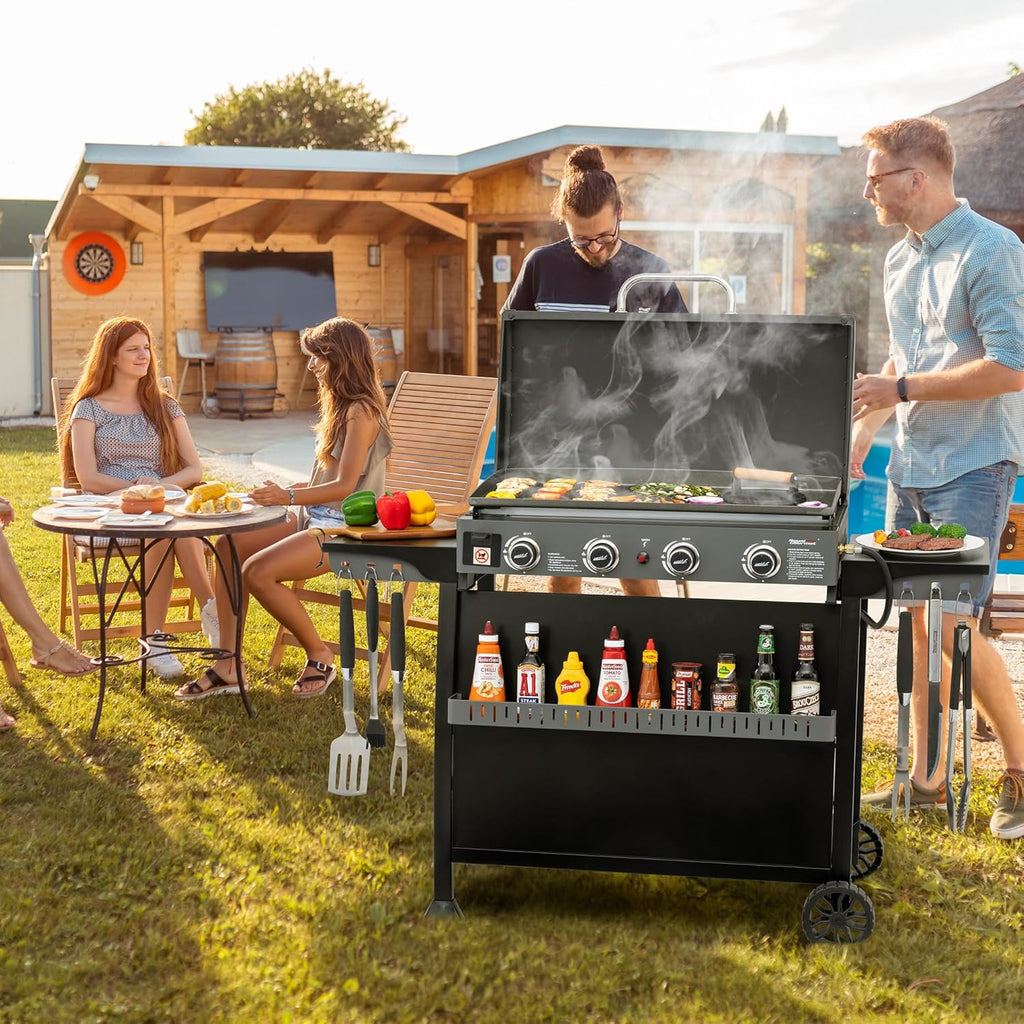 Plaque de cuisson à gaz propane Royal Gourmet PD4001 à 4 brûleurs dotée de chariot amovible et convertible en table. Grille à surface plane avec couvercle, idéale pour le camping, les pique-niques et le jardin. Couleur : noir.