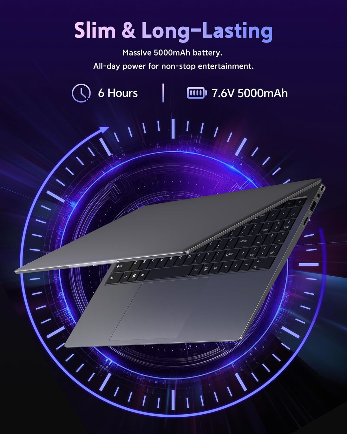 Ordinateur compact portable avec 16 Go de RAM, processeur Pentium 6500Y (plus performant que le N5095 jusqu'à 3,4 GHz), SSD de 256 Go, écran IPS Full HD de 15,6 pouces, ports USB Type-C, USB 3.2 et HDMI, et une autonomie longue durée.