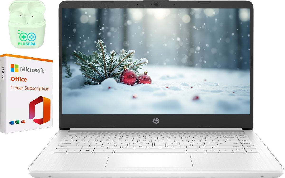 Ordinateur compact portable professionnel HP 14 avec Microsoft Office 365, processeur Intel quadricœur, 64 Go de stockage eMMC, 4 Go de RAM, Windows 11, écouteurs PLUSERA, blanc
