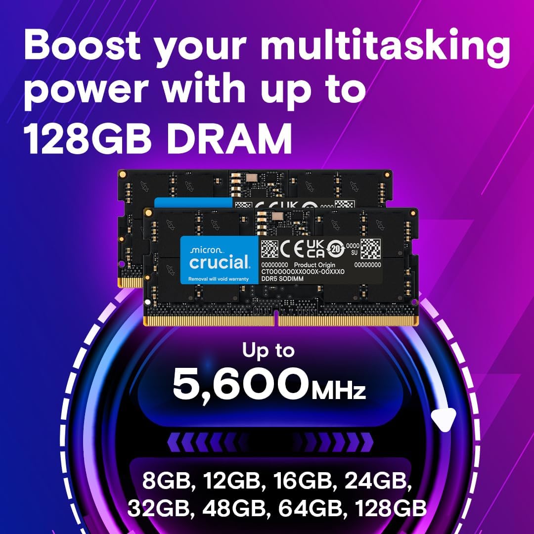 Kit de mémoire vive Crucial DDR5 64 Go (2 x 32 Go), 4 800 MHz CL40 pour ordinateur compact portable - SODIMM 262 broches - Compatible avec les processeurs Intel Core de 12e génération - CT2K32G48C40S5