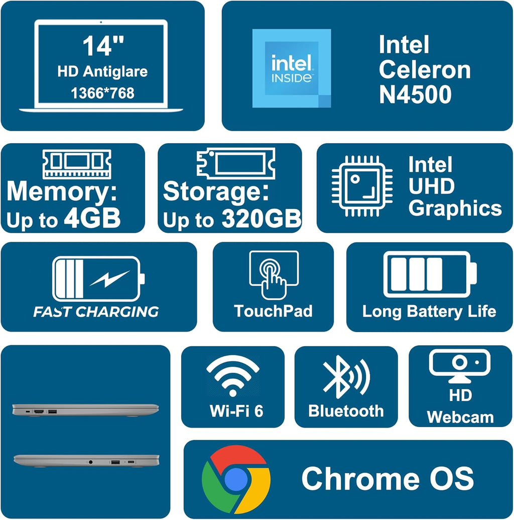 Ordinateur compact portable HP Chromebook 14 Famille et Étudiant, écran HD antireflet 14 pouces, processeur Intel Celeron N4500, 4 Go de RAM, 64 Go de stockage, port USB-C, Wi-Fi 6, autonomie longue durée, charge rapide, hub ICP