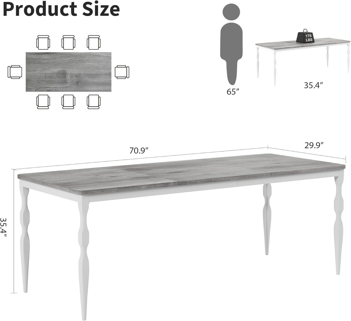 Table de salle à manger rectangulaire pour 6 personnes, 180 cm, style rustique, dotée de grand plateau, pieds robustes, idéale pour les repas en famille ou entre amis. Grise.