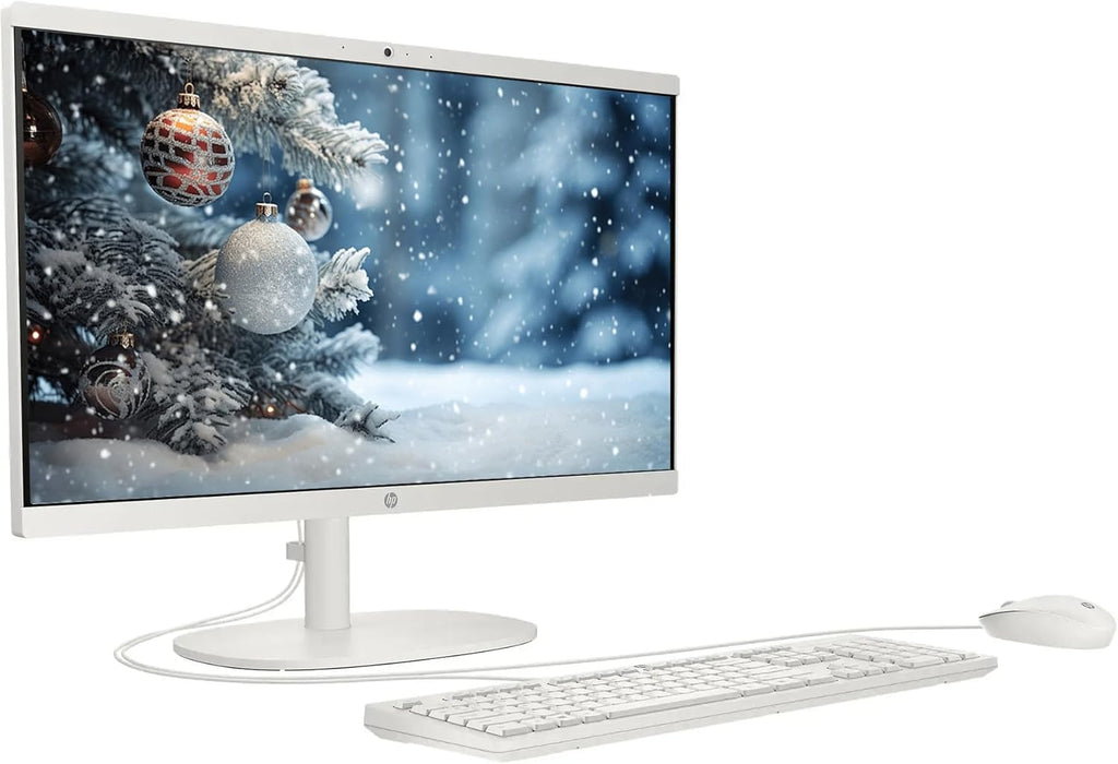 Ordinateur de bureau tout-en-un HP 21,5" FHD, 32 Go de RAM, 128 Go UFS, processeur Intel N100 quadricœur, Windows 11, hub PLUSERA 8-en-1, clavier et souris inclus, blanc cachemire – Modèle pratique
