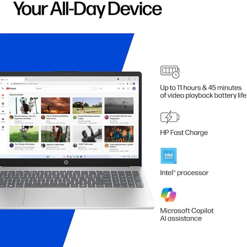 Ordinateur compact portable professionnel HP 15,6 pouces avec Microsoft Office 365 et Copliot AI, 16 Go de RAM, SSD de 128 Go, processeur Intel quadricœur, Windows 11, écouteurs PLUSERA, argent naturel