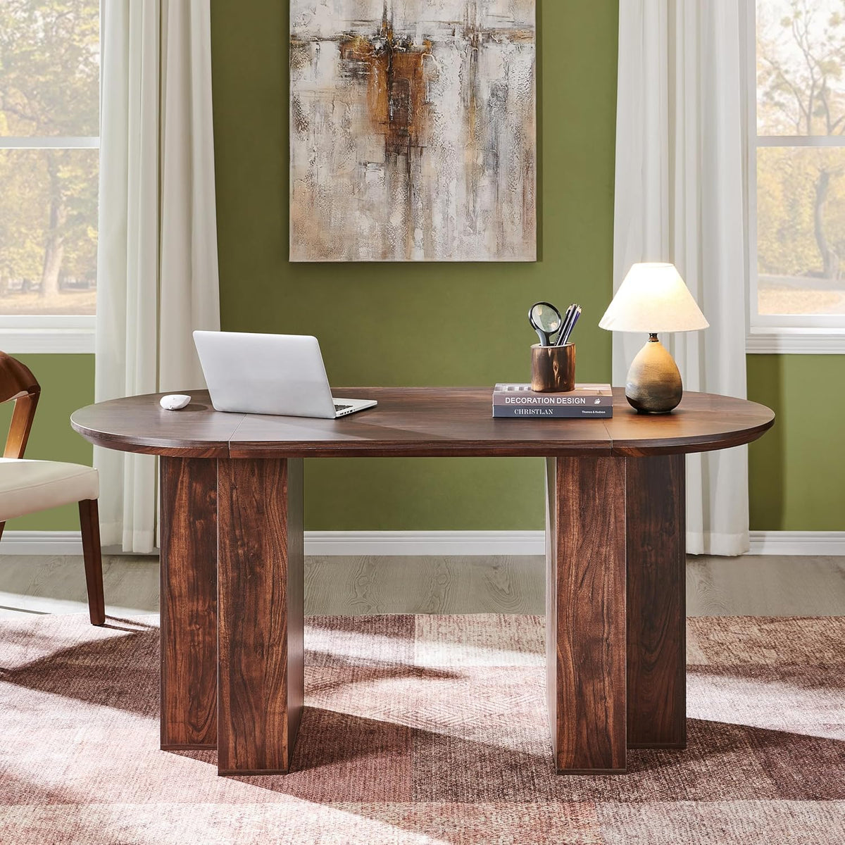 Table de salle à manger ovale moderne en bois OKD de 160 cm (63 pouces) pour 4 à 6 personnes, dotée de piètement stable en forme de T, structure en métal et plateau épais. Table de cuisine robuste idéale pour la salle à manger, la cuisine ou les réun