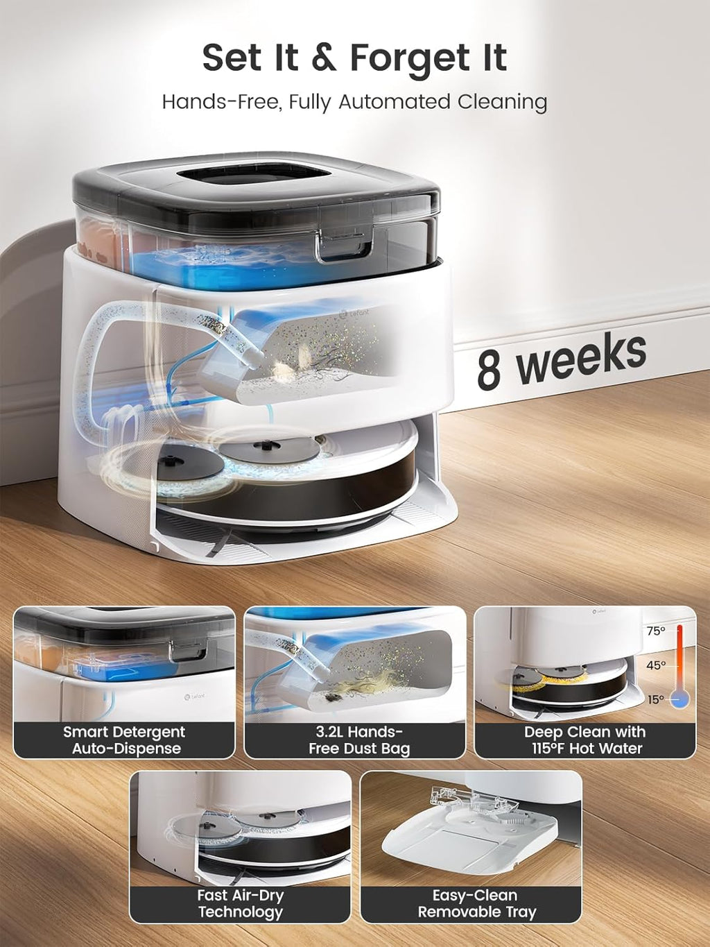 Aspirateur et laveur robot Lefant LiDAR, aspiration de 12 000 Pa, vidage automatique après 90 jours, évitement des obstacles, lavage et séchage automatiques, tout-en-un pour poils d'animaux et tapis, Wi-Fi 5G, compatible Alexa/application/iWatch, M3
