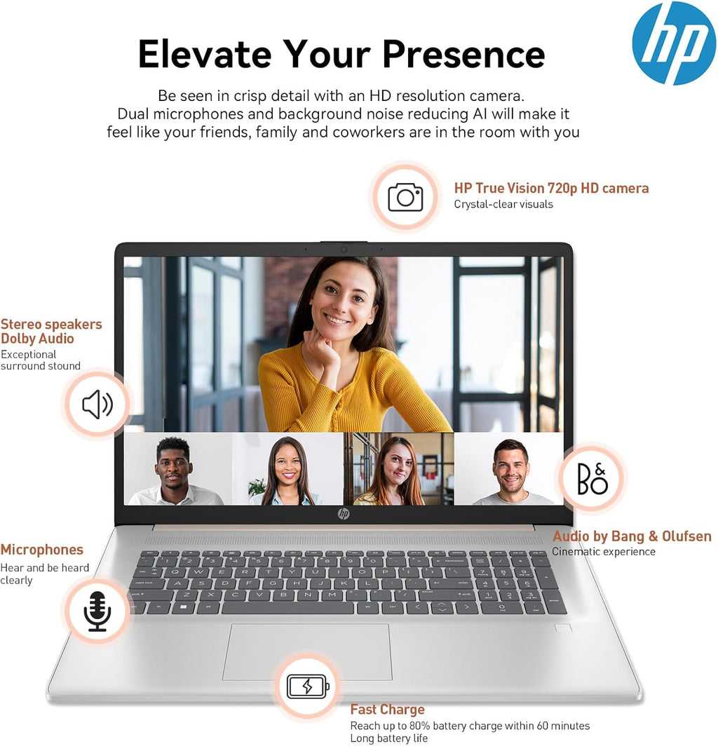 Ordinateur compact portable HP 17 : grand écran HD+ de 17,3 pouces, idéal pour les professionnels. Processeur Intel Core i5 de 13e génération (10 cœurs), Windows 11 Pro, clavier rétroéclairé, lecteur d'empreintes digitales, finition or rose, 32 Go