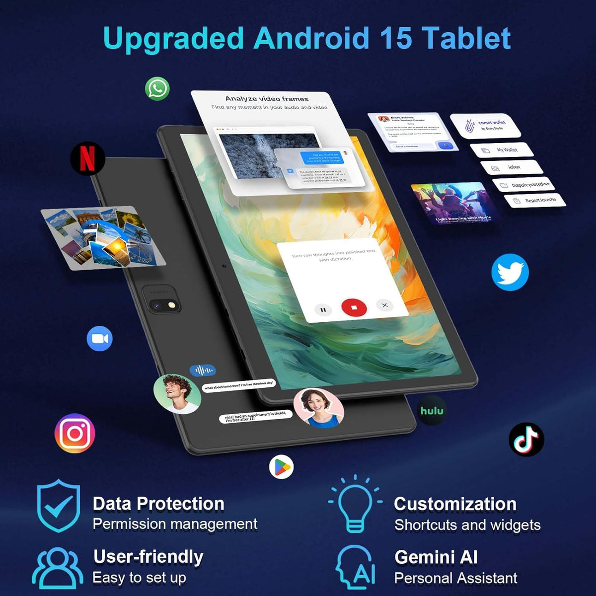 Tablette tactile Android avec clavier, 2026 Android 15, écran 10 pouces, 26 Go + 256 Go + 2 To extensible, tablette PC électronique avec processeur Gemini 8 cœurs, batterie 8 000 mAh, Wi-Fi 5G, GMS, tablette 2 en 1 avec étui, souris et stylet (étui v