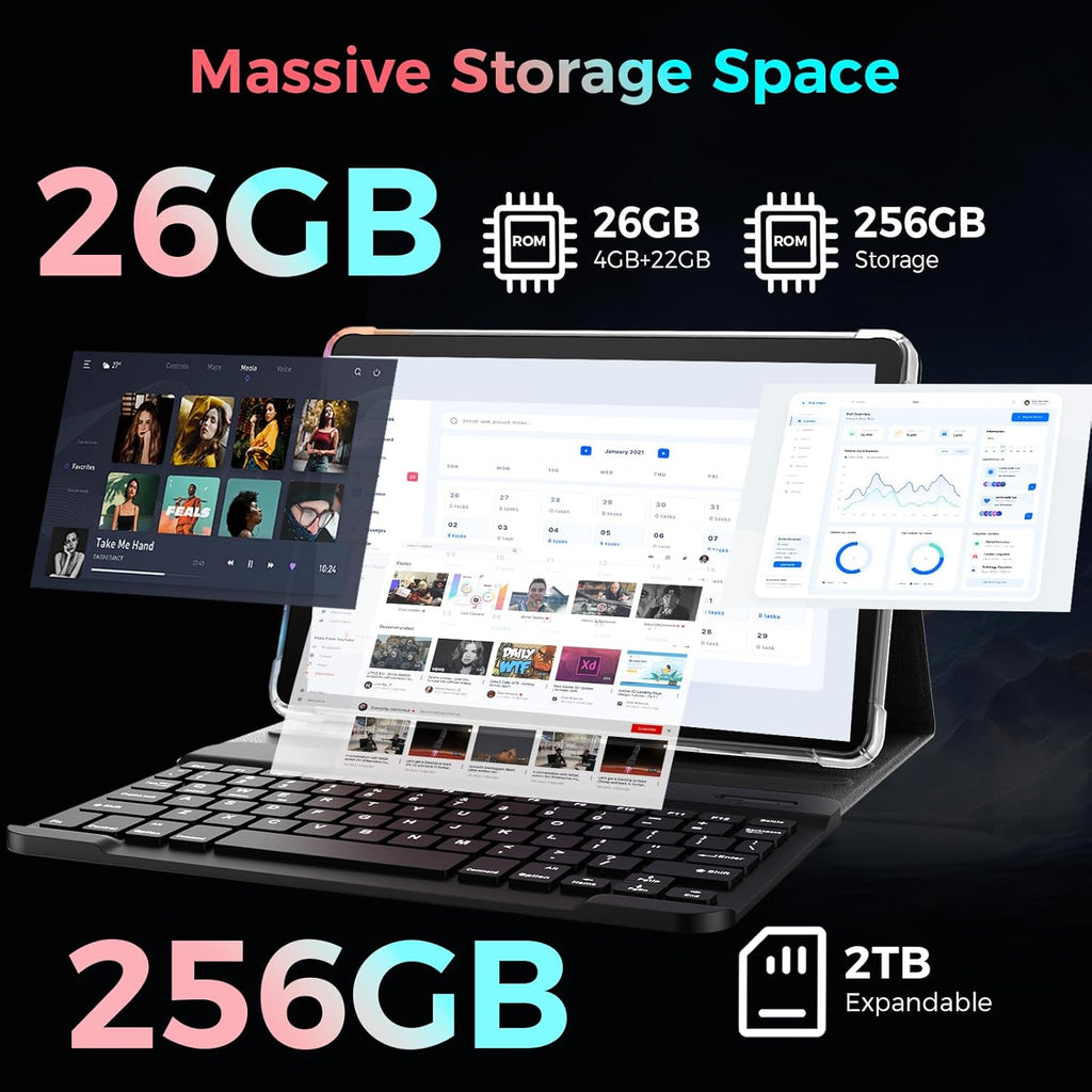 Tablette tactile avec clavier, tablette Android 15 (2026) avec 26 Go + 256 Go + 2 To extensible, écran 10 pouces, processeur 8 cœurs, intelligence artificielle Gemini, Wi-Fi 5G, batterie 8 000 mAh, Bluetooth 5.0, GPS, étui, souris et stylet inclus (é