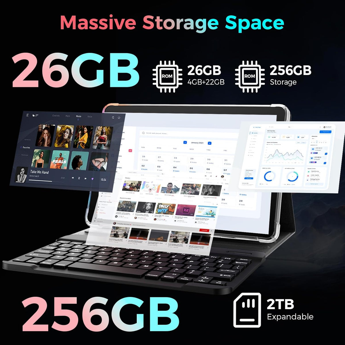 Tablette tactile avec clavier, tablette Android 15 (2026) avec 26 Go + 256 Go + 2 To extensible, écran 10 pouces, processeur 8 cœurs, intelligence artificielle Gemini, Wi-Fi 5G, batterie 8 000 mAh, Bluetooth 5.0, GPS, étui, souris et stylet inclus (é