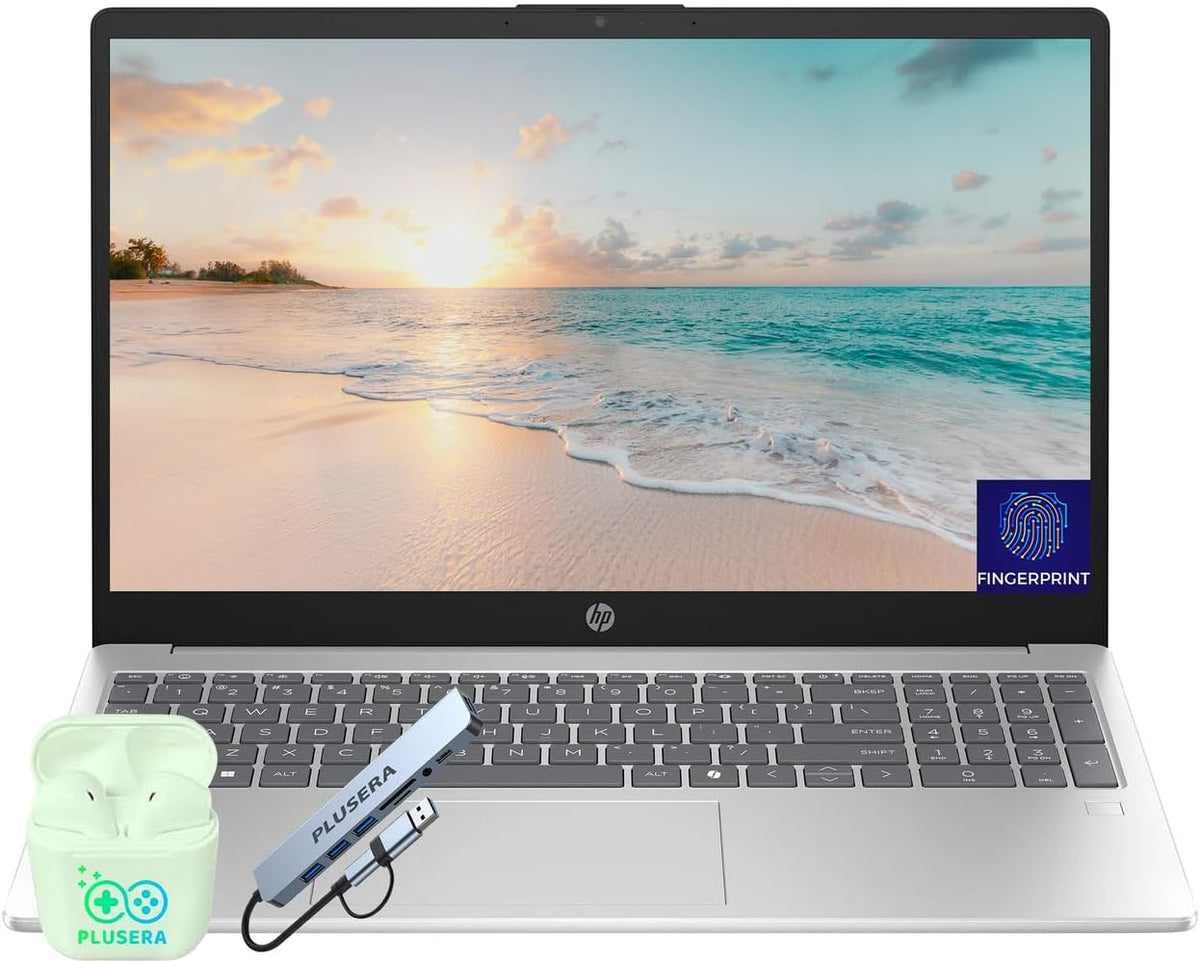 Ordinateur compact portable HP 15,6" FHD pour professionnels et étudiants, 16 Go de RAM, SSD de 512 Go, processeur Intel Core i3 à 8 cœurs, Windows 11, lecteur d'empreintes digitales, écouteurs PLUSERA et hub 8-en-1 inclus, couleur argent naturel.