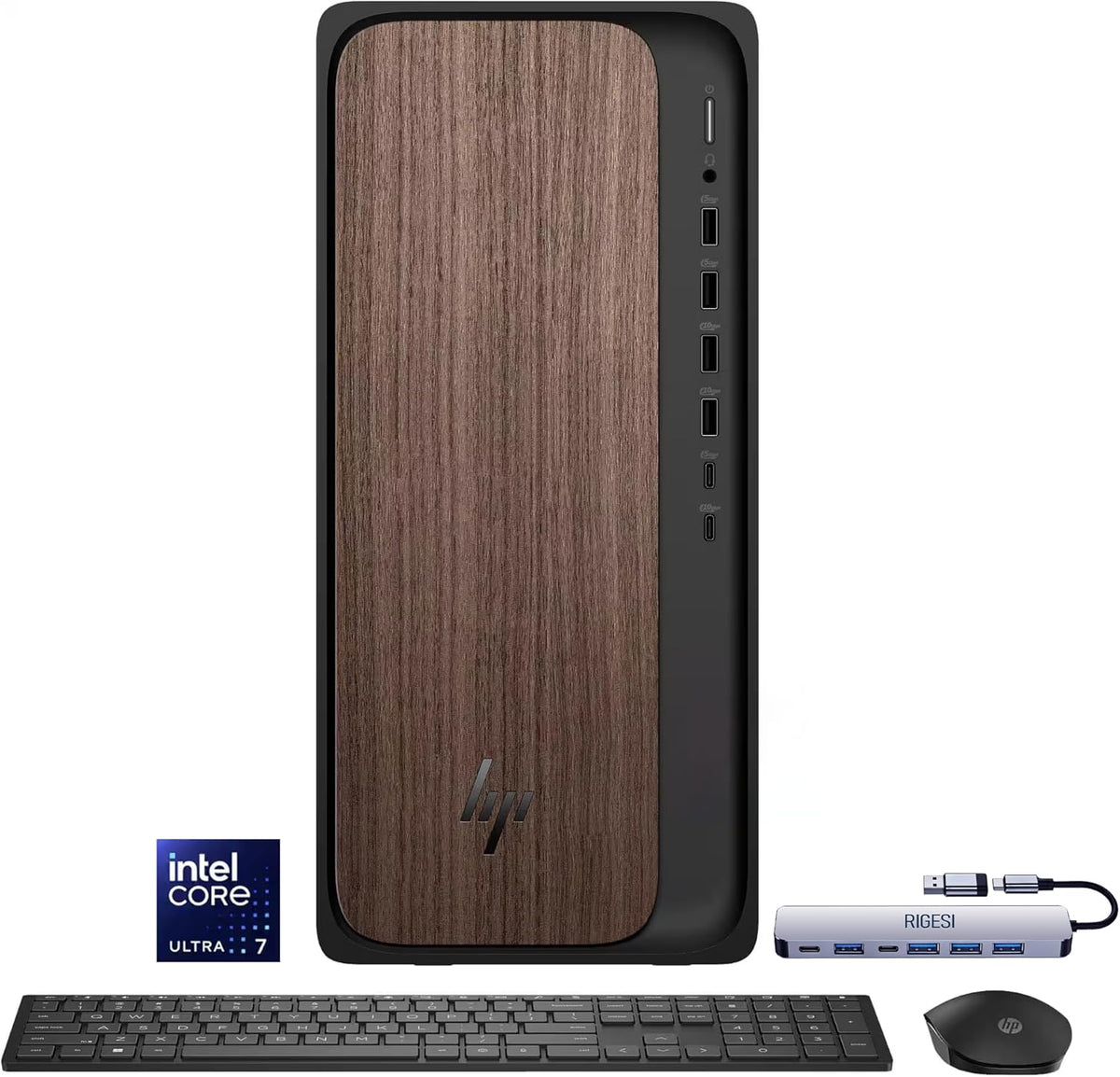 Ordinateur de bureau HP OmniDesk – Intel Core Ultra 7 265, 16 Go de mémoire DDR5, SSD de 1 To, design élégant en bois foncé, performances solides optimisées pour l'IA, Windows 11 Professionnel doté de station d'accueil