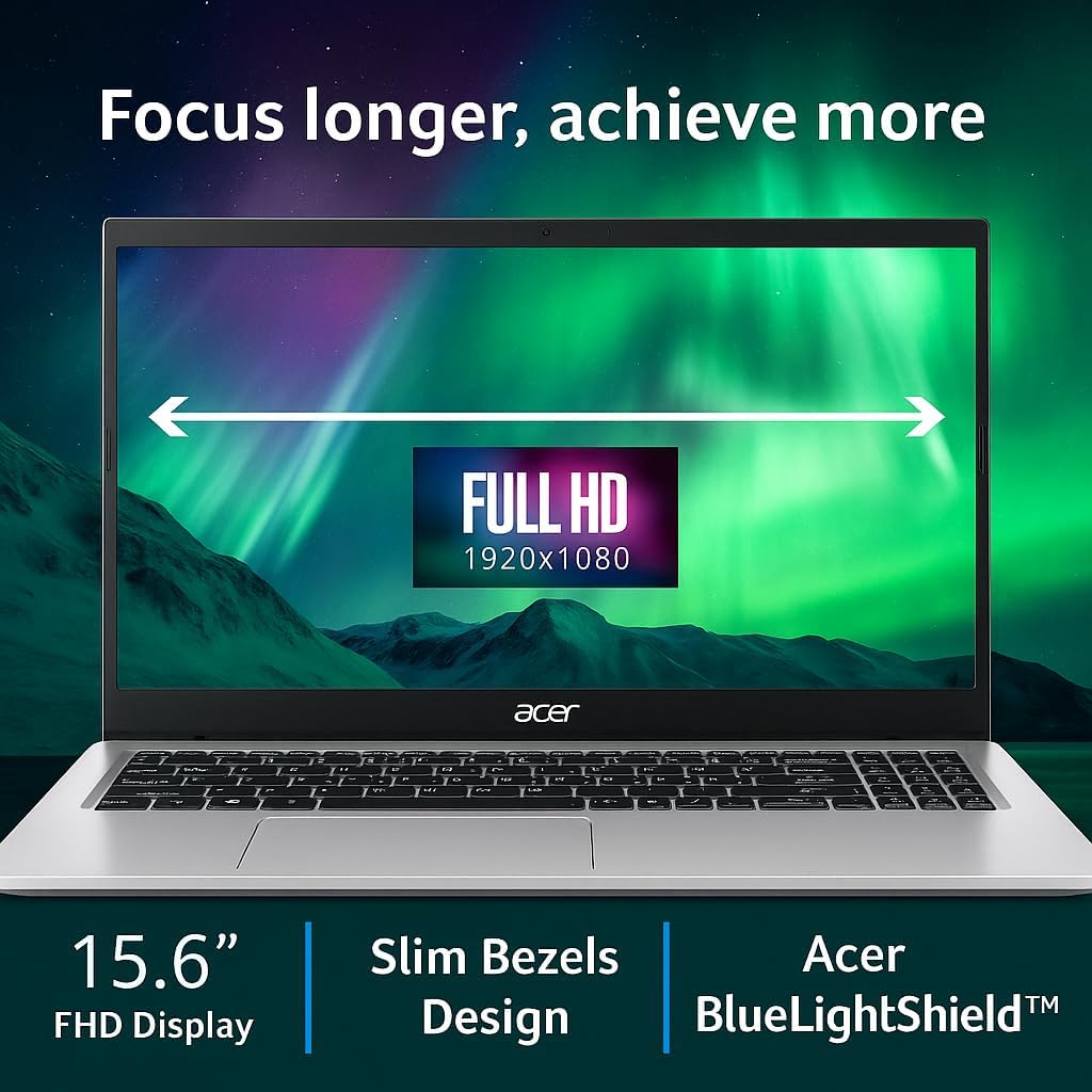 Ordinateur compact portable Acer Aspire Slim | Écran Full HD 15,6 pouces | Processeur Intel Core 3 N355 à 8 cœurs | 8 Go de RAM | SSD 128 Go | Compatible avec Copilot AI | Microsoft Office sur le Web | HDMI | Wi-Fi 6 | Windows 11 | Souris non incluse