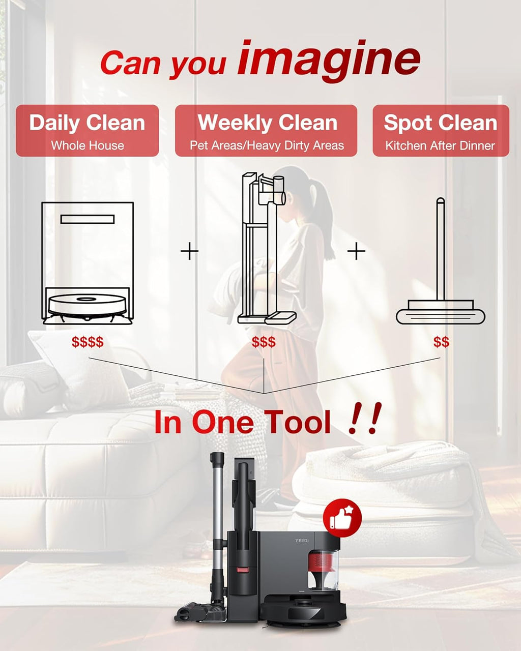 Aspirateur balai à connectivité sans fil Yeedi C12, robot laveur de sols et serpillère tout-en-un, doté de double vidage automatique, aspiration de 10 000 Pa et brosse ZeroTangle légère pour sols durs, tapis et poils d'animaux.