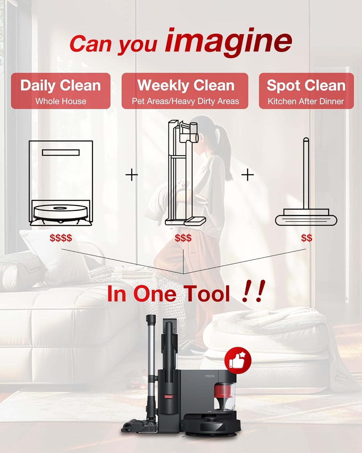 Aspirateur balai à connectivité sans fil Yeedi C12, robot laveur de sols et serpillère tout-en-un, doté de double vidage automatique, aspiration de 10 000 Pa et brosse ZeroTangle légère pour sols durs, tapis et poils d'animaux.