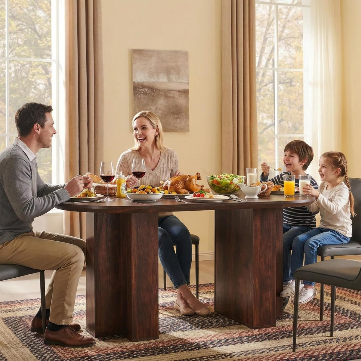 Table de salle à manger ovale moderne en bois OKD de 160 cm (63 pouces) pour 4 à 6 personnes, dotée de piètement stable en forme de T, structure en métal et plateau épais. Table de cuisine robuste idéale pour la salle à manger, la cuisine ou les réun