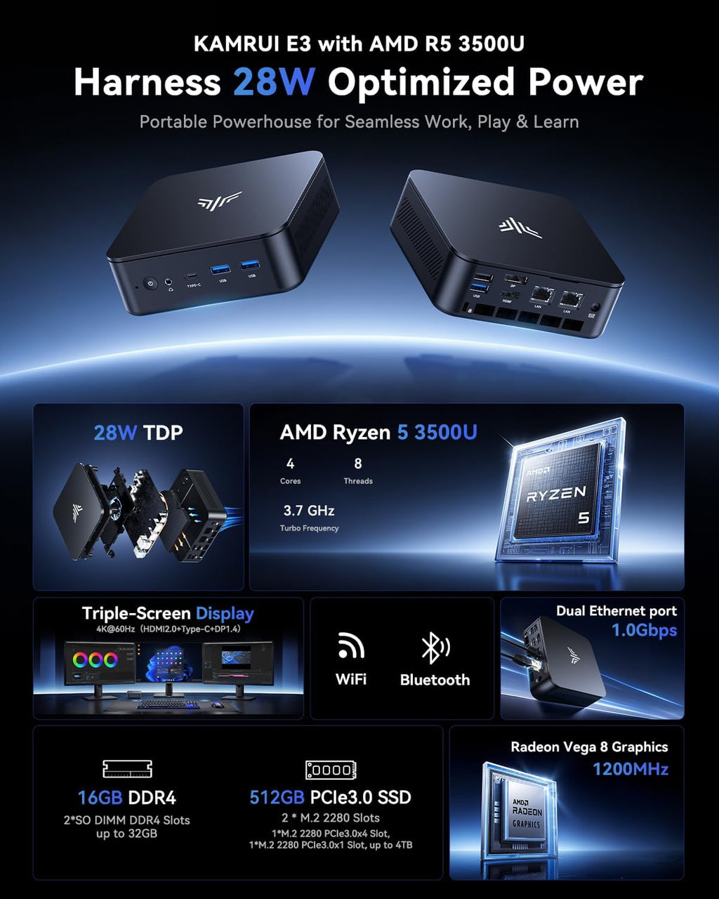 Mini PC KAMRUI E3 W-11 Pro Ryzen 3500U (Plus performant que les N150/N97 allant jusqu'à 3,7 GHz) - Ordinateur de bureau au format compact doté de 16 Go de RAM, SSD de 512 Go, compatible 4K, ports USB-C, HDMI et DisplayPort, double Wi-Fi - adapté à…