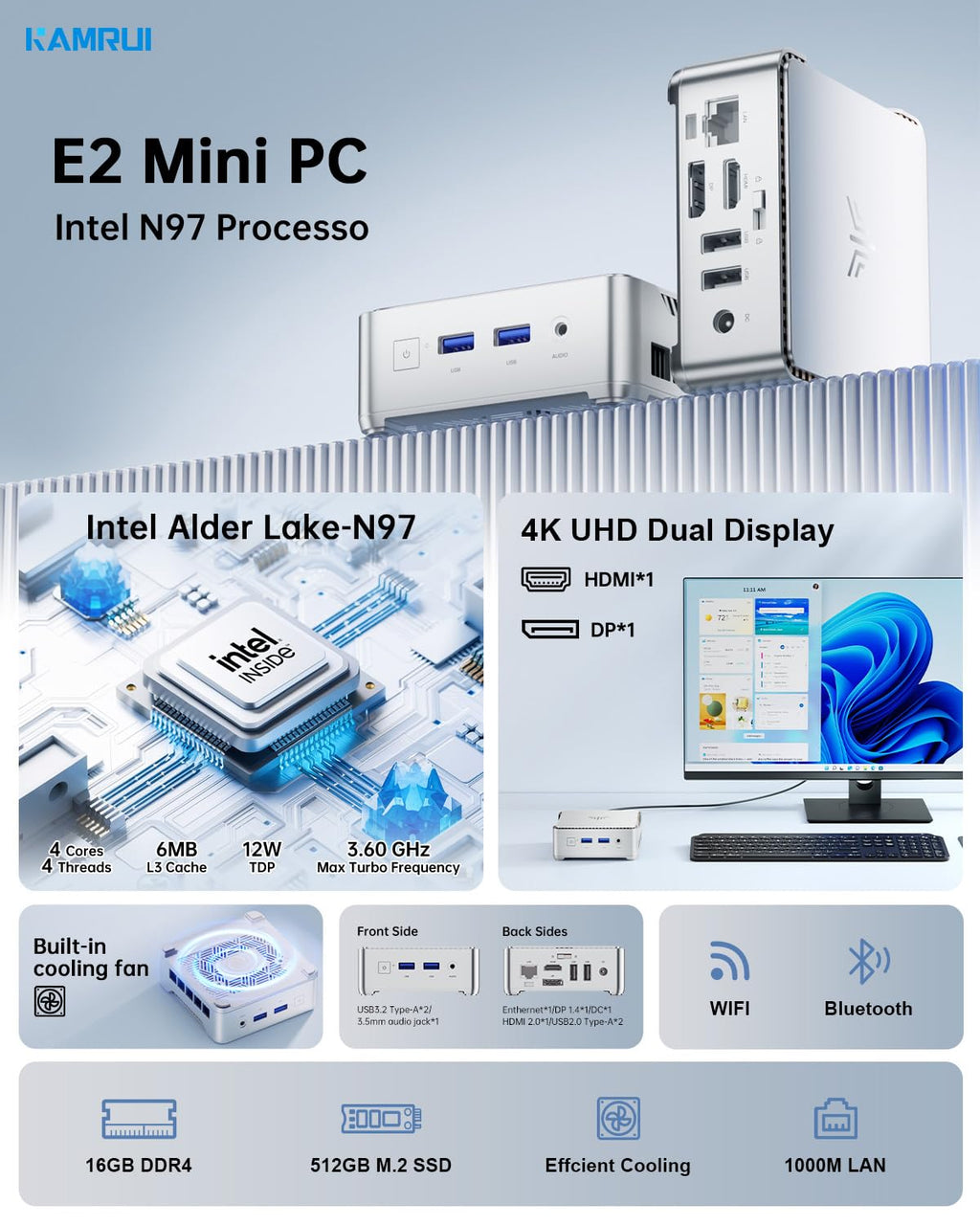 Mini PC KAMRUI GK3Plus, 16 Go de RAM, SSD M.2 de 512 Go – Modèle pratique
