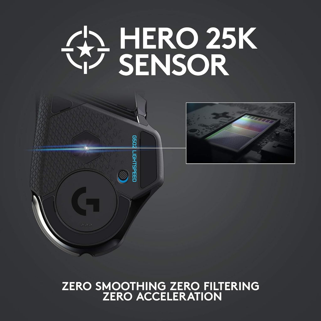Souris gaming à connectivité sans fil Logitech G502 Lightspeed doté de capteur Hero 25K, compatible PowerPlay, poids ajustables et éclairage RVB Lightsync - Noir