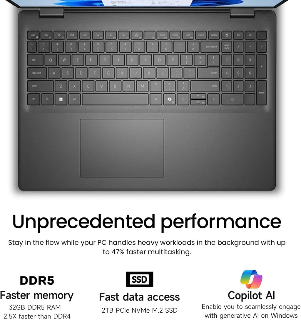 Ordinateur compact portable Dell 16 pouces à écran tactile FHD+ : PC compact portable idéal pour étudiants et professionnels, processeur Intel Core i7-1355U à 10 cœurs, 32 Go de RAM DDR5, SSD de 2 To, Windows 11 Pro, clavier rétroéclairé, touche