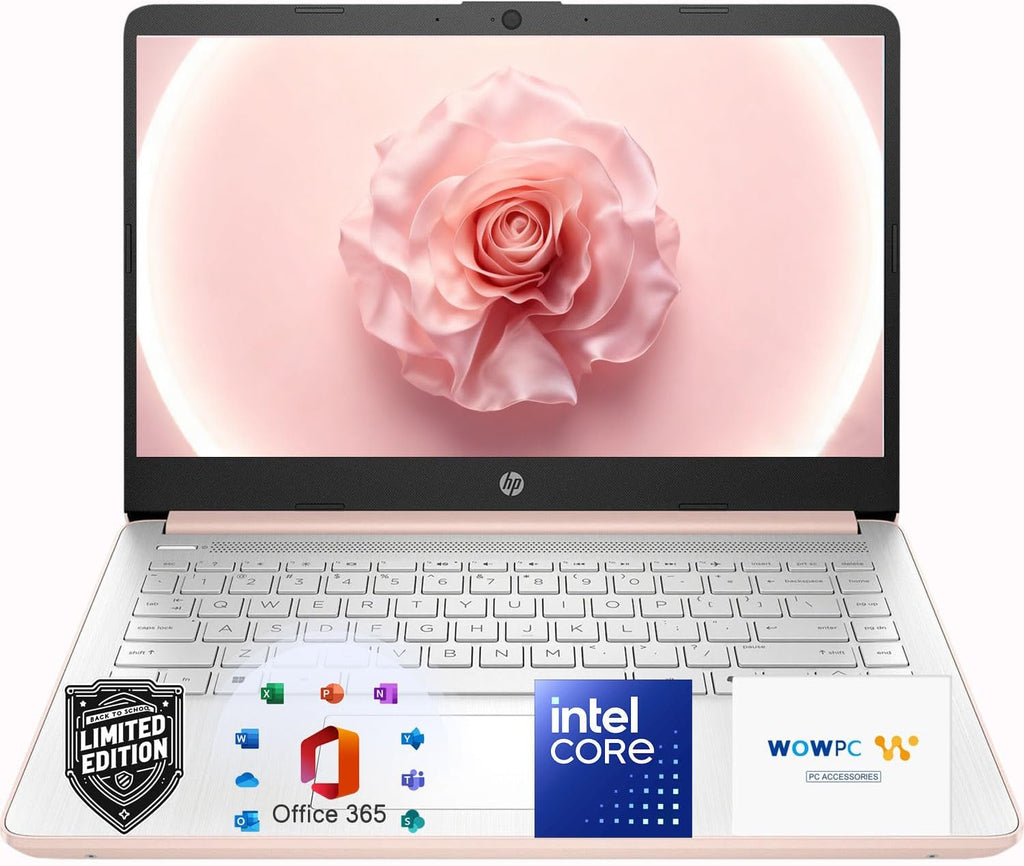 Ordinateur compact portable léger HP 14″ or rose avec Office 365 et Copilot AI, processeur Intel, 4 Go de RAM, SSD de 64 Go + 1 To de stockage cloud