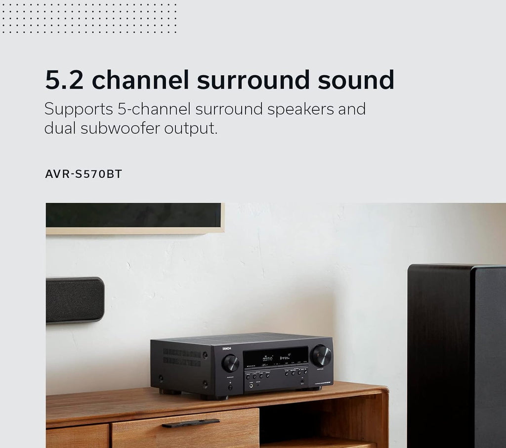 Amplificateur audio-vidéo Denon AVR-S570BT 5.2 canaux, compatible 8K Ultra HD, doté de streaming à connectivité sans fil Bluetooth, 4 entrées HDMI 8K et eARC HD. Assistant de configuration HD.