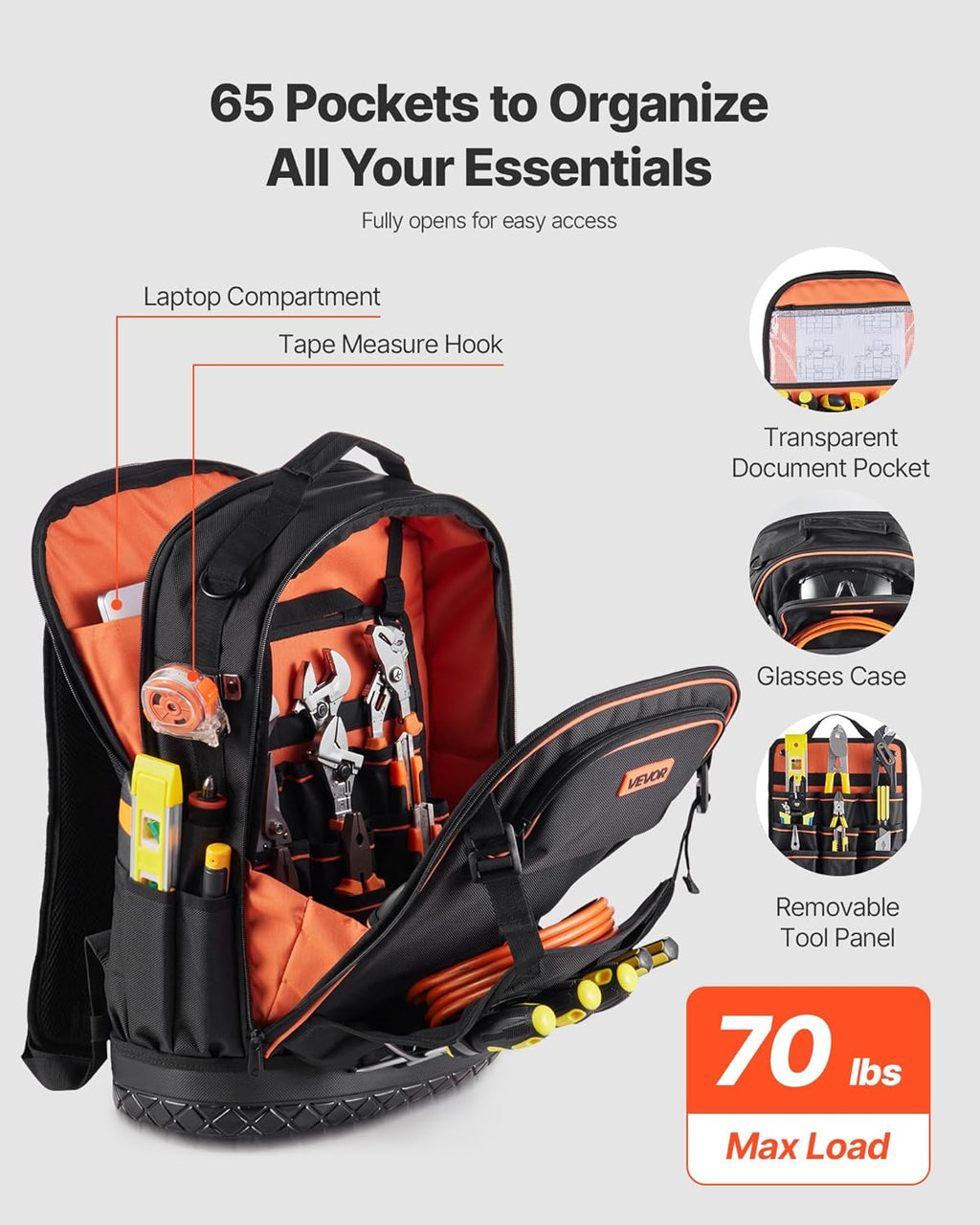 Sac à dos VEVOR pour outils, 65 poches, organisateur de rangement robuste avec compartiment pour ordinateur compact portable et fond moulé, sac à dos de chantier pour électriciens, réparateurs et techniciens CVC.