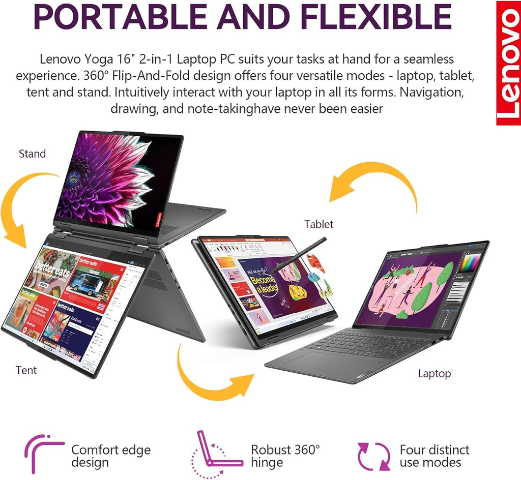 Ordinateur compact portable Lenovo Yoga 7i 2 en 1, écran tactile 16 pouces FHD+, pliable à 360°, convertible, processeur Intel Core Ultra 7, Windows 11 Pro, 16 Go de RAM DDR5, SSD de 1 To, pavé numérique rétroéclairé, lecteur d'empreintes digitales.