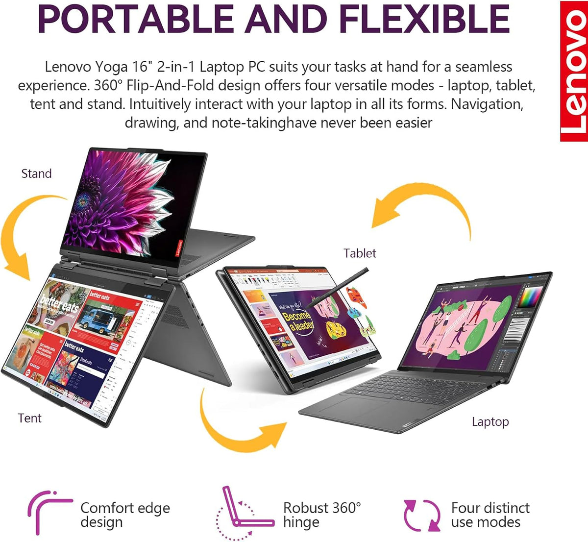 Ordinateur compact portable Lenovo Yoga 7i 2 en 1, écran tactile 16 pouces FHD+, pliable à 360°, convertible, processeur Intel Core Ultra 7, Windows 11 Pro, 16 Go de RAM DDR5, SSD de 1 To, pavé numérique rétroéclairé, lecteur d'empreintes digitales.