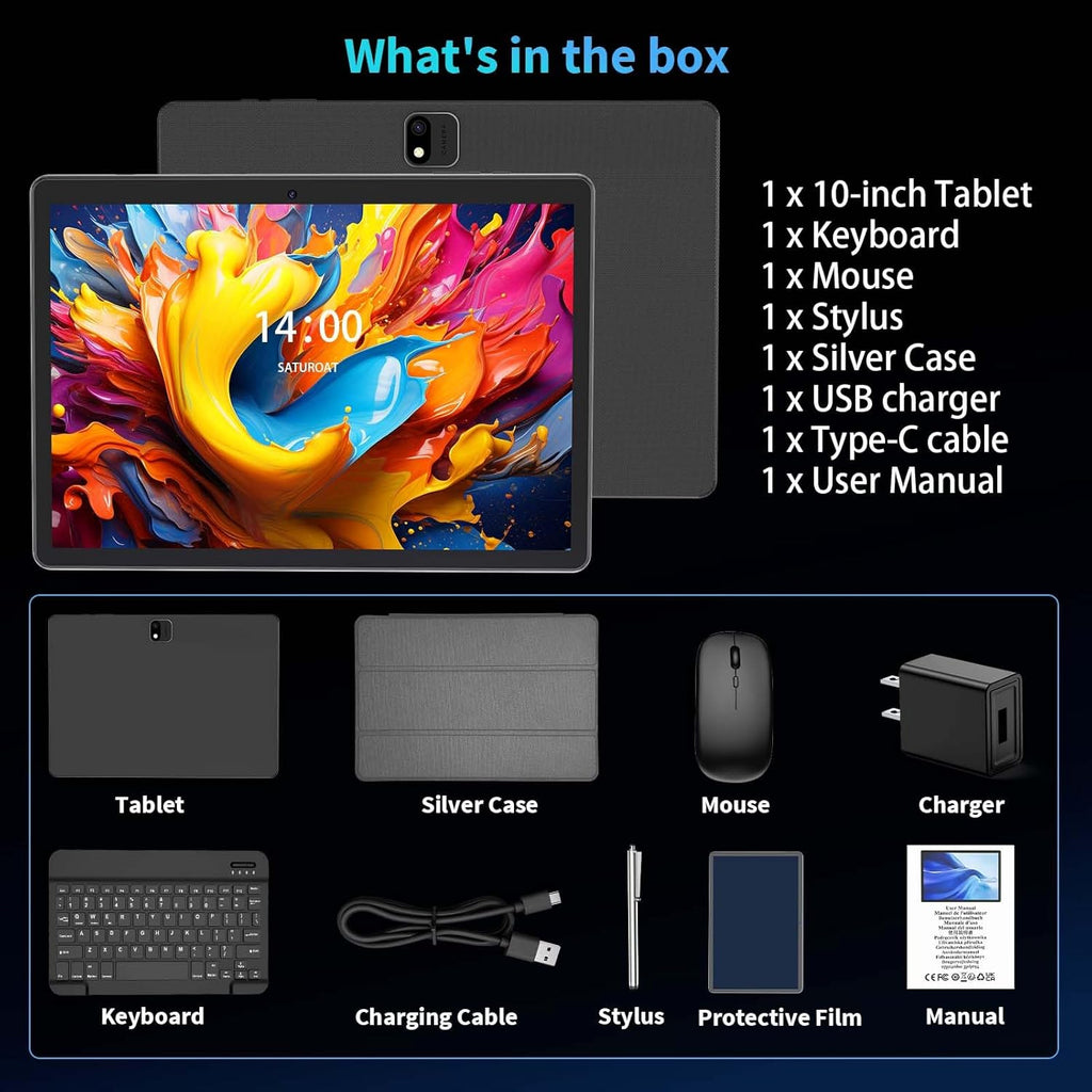 Tablette tactile Android avec clavier, tablette Android 15 10 pouces (2026), 26 Go + 256 Go + 2 To extensible, PC tablette électronique avec Gemini, processeur 8 cœurs, batterie 8 000 mAh, Wi-Fi 5G, GMS, tablette 2 en 1 avec étui, souris et stylet (é