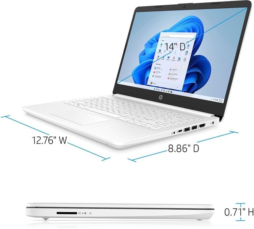 Ordinateur compact portable HP 14 Professionnel et Étudiant avec Microsoft Office 365 inclus, processeur Intel Quad-Core, 8 Go de RAM, 320 Go de stockage (64 Go eMMC + carte SD de 256 Go), Windows 11, écouteurs PLUSERA, blanc