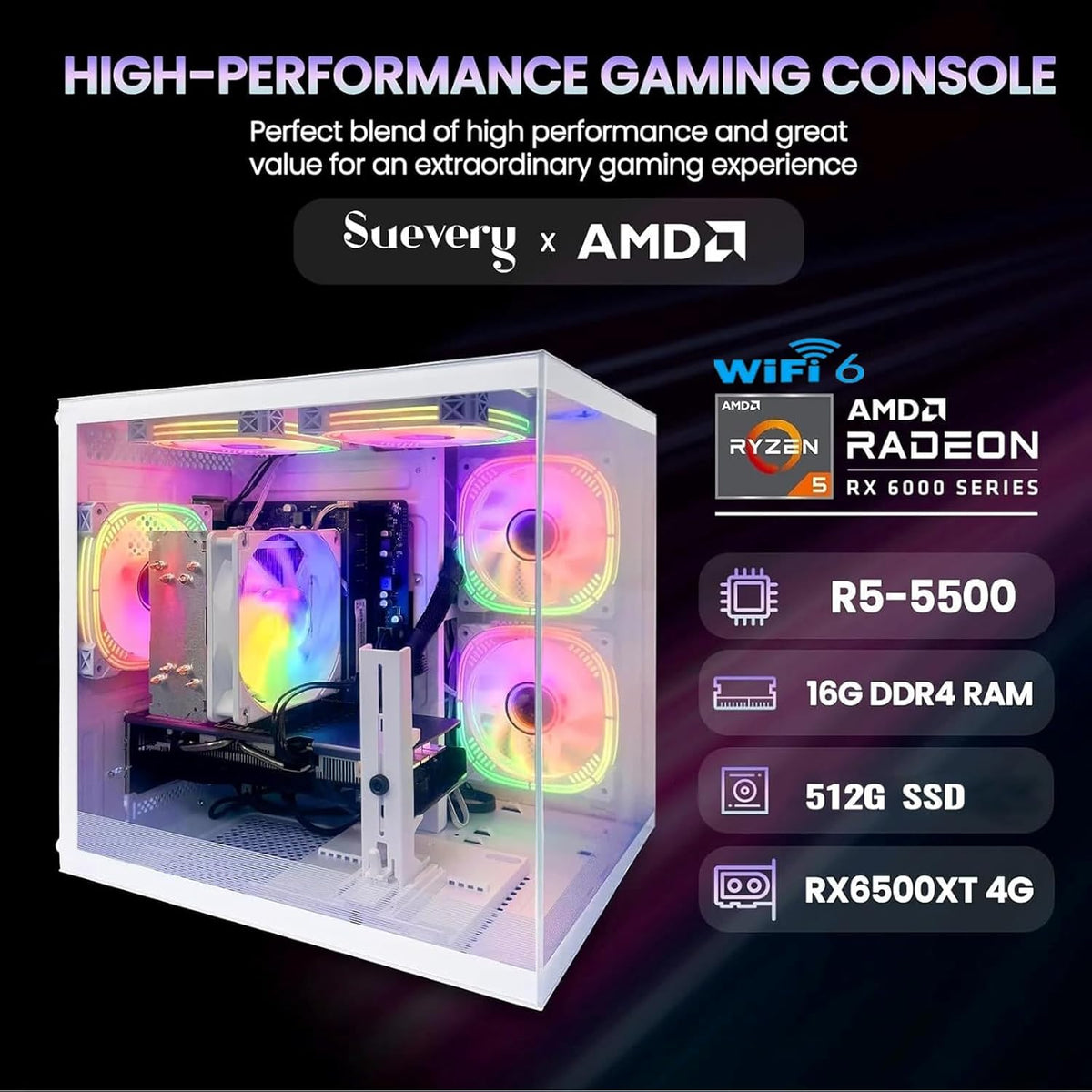 PC de jeu pré-assemblé Ryzen 5 5500 3,6 GHz (6 cœurs, 12 threads, allant jusqu'à 4,2 GHz), Radeon RX6500XT, 4 Go de RAM DDR4, 16 Go de espace de stockage NVMe, SSD de 512 Go, Wi-Fi 6, format tour, adapté à un usage domestique et le bureau.