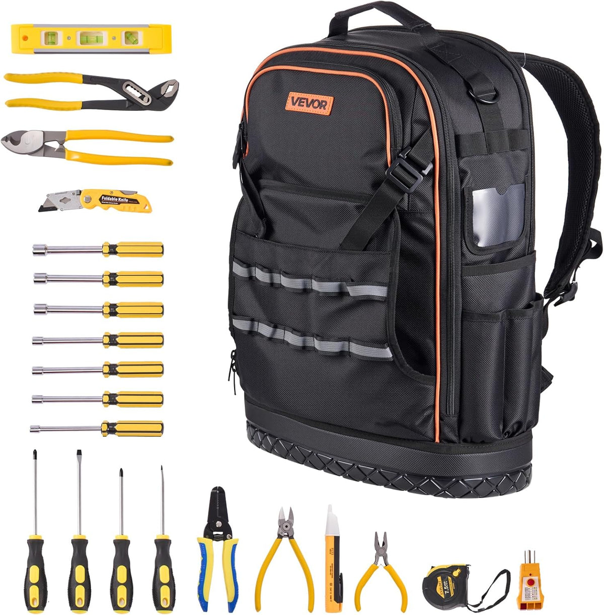 Sac à dos VEVOR pour outils, 65 poches, organisateur de rangement robuste avec compartiment pour ordinateur compact portable et fond moulé, sac à dos de chantier pour électriciens, réparateurs et techniciens CVC.