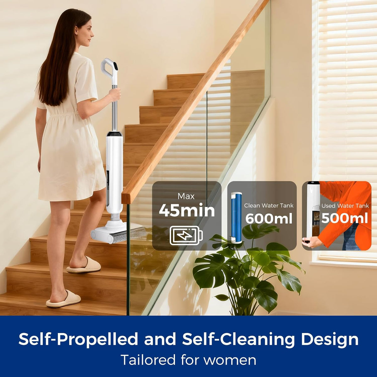 Balai aspirateur eau et poussière, balai aspirateur à connectivité sans fil tout-en-un à plat à 180°, machine de nettoyage des sols, autonomie de 45 minutes, nettoyage automatique allant jusqu'à 70 °C, nettoyage des bords, balai aspirateur…