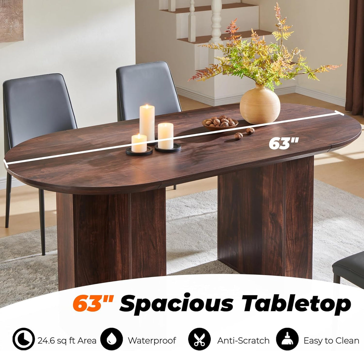 Table de salle à manger ovale moderne en bois OKD de 160 cm (63 pouces) pour 4 à 6 personnes, dotée de piètement stable en forme de T, structure en métal et plateau épais. Table de cuisine robuste idéale pour la salle à manger, la cuisine ou les réun